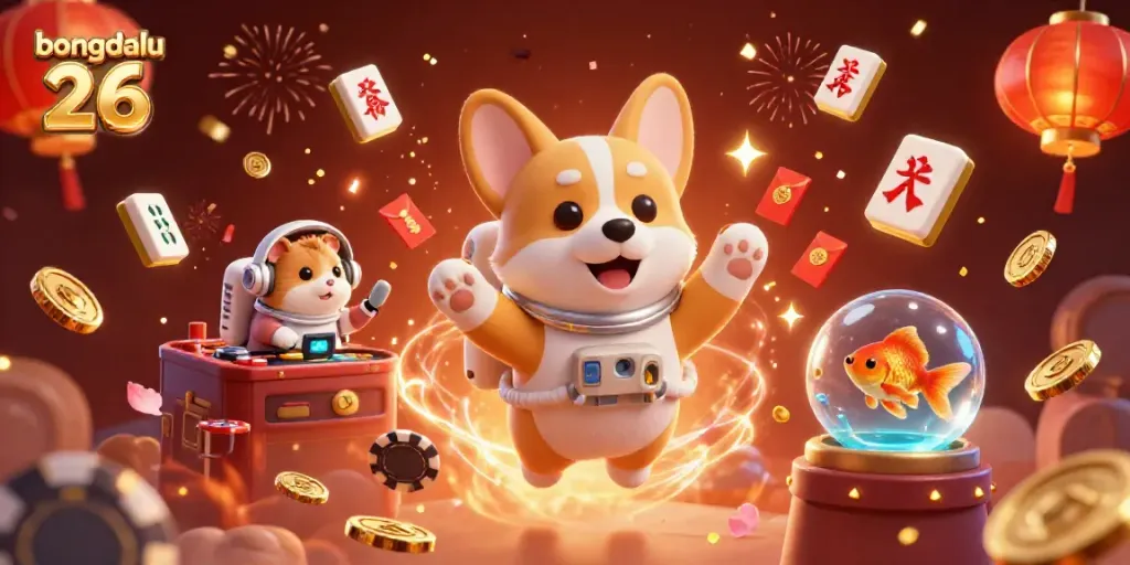 Play exciting games with Bongdalu 26 as magical gold coins and cards float in a vibrant casino environment.