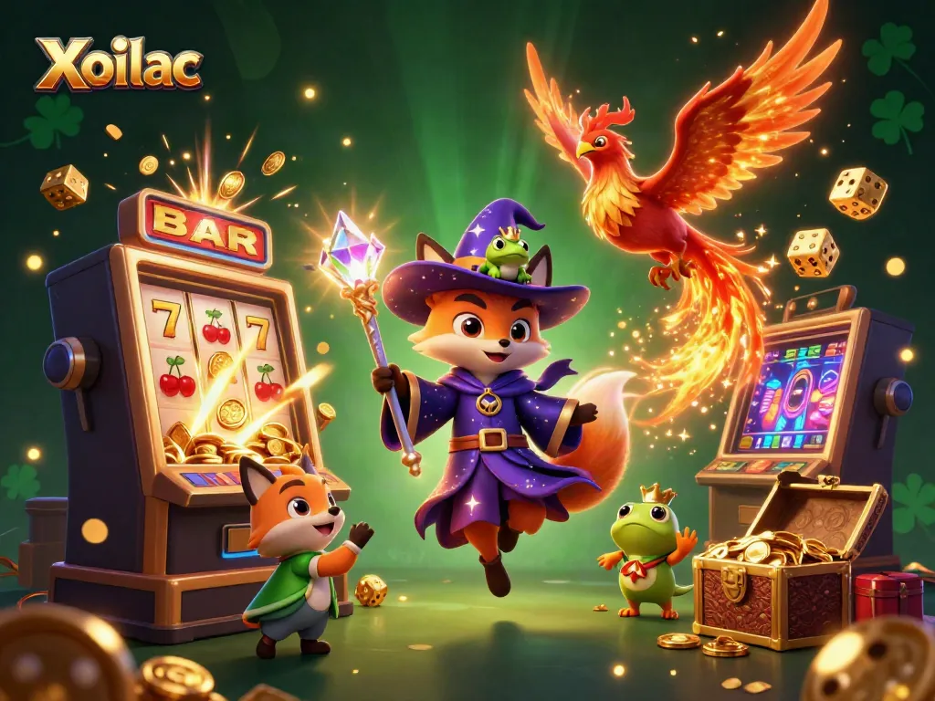 Engaging Xoilac casino scene with a wizard fox, phoenix, and rich gambling elements.