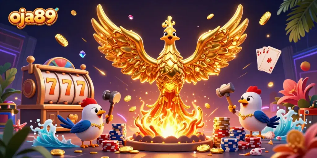 Oja89 mempersembahkan permainan slot dengan karakter phoenix emas yang mempesona dan koin terbang.