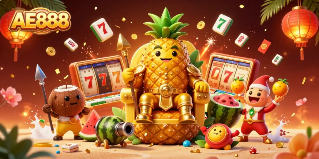 Experience the vibrant AE888 gaming scene with a golden pineapple king and his tropical guards in action!