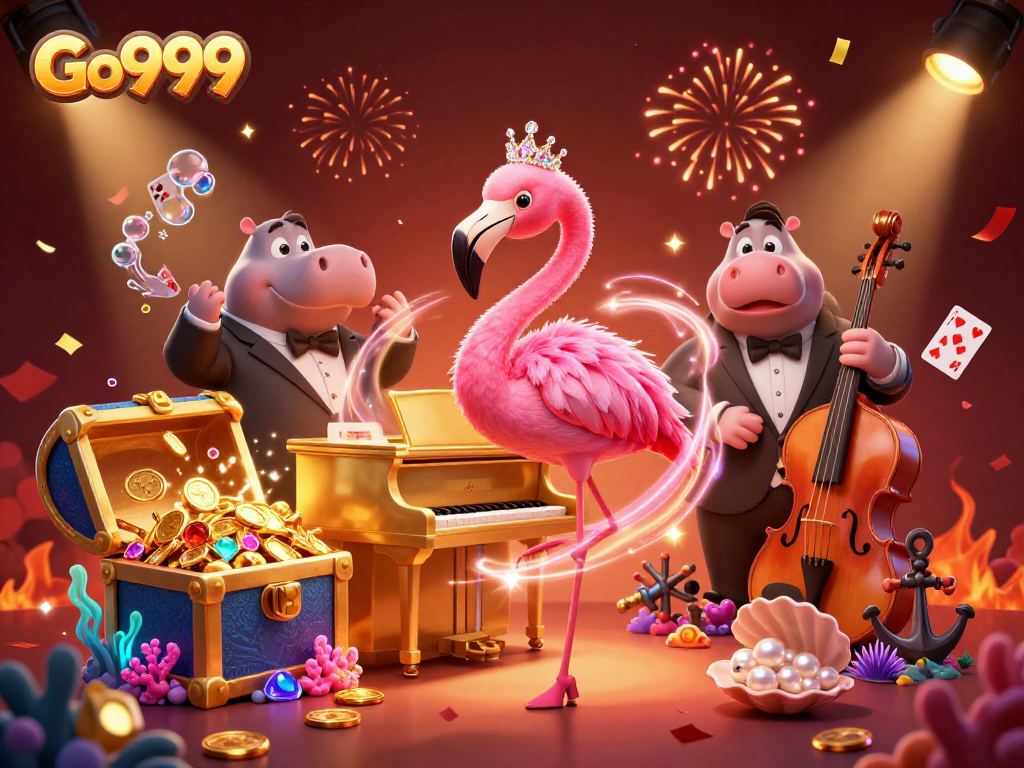 Experience the vibrant thrills of Go999 with a dynamic casino scene featuring colorful characters and treasures.