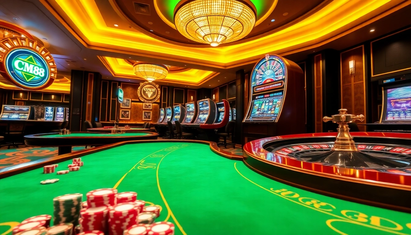Players enjoy the thrill of CM88 gaming with vibrant casino tables and a roulette wheel.