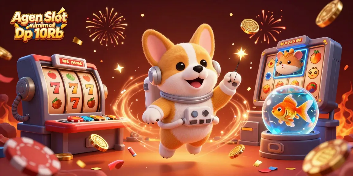 Agen Slot Minimal Dp 10Rb highlights a playful cosmic scene with an astronaut corgi in a space casino, showcasing vibrant slot game elements.