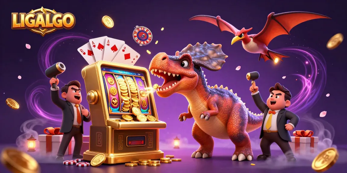 LIGALGO's dynamic casino scene, featuring a pachycephalosaurus winning a jackpot with coins flying everywhere.