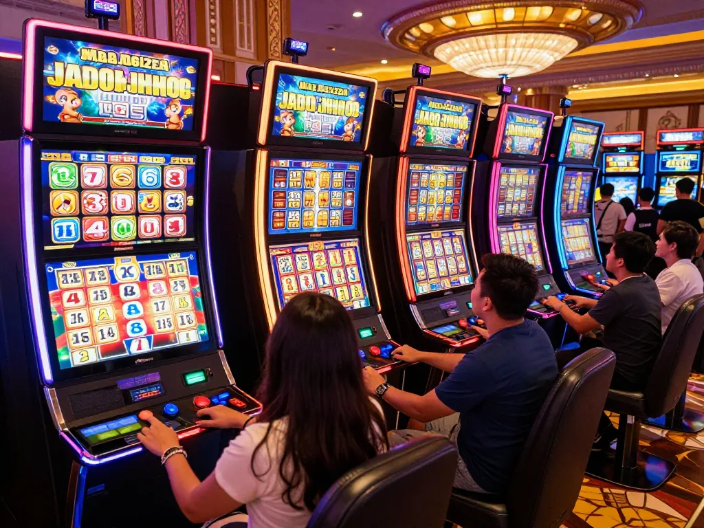 Pemain merayakan kemenangan besar di mesin mega slot di kasino yang ramai.