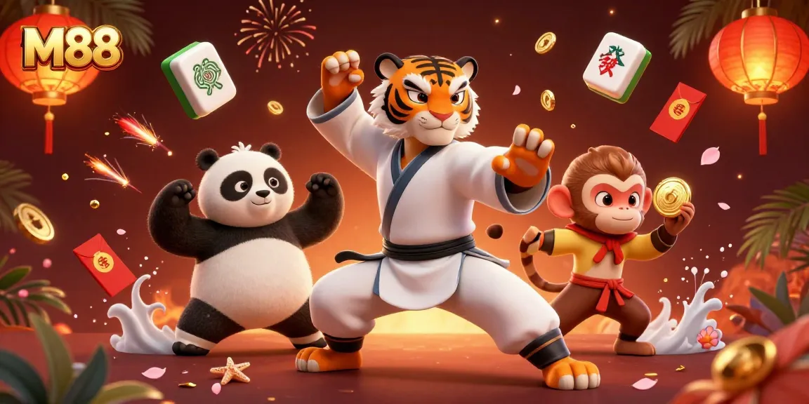 M88 showcases a dynamic 3D illustration of a kung fu tiger and panda performing martial arts in a vibrant casino atmosphere.