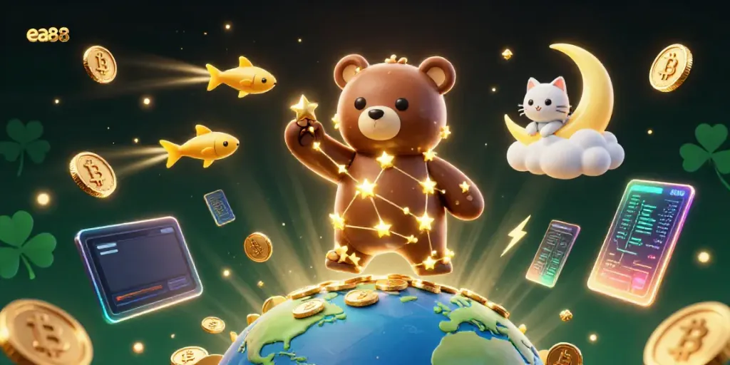 Experience the magic of ea88 with a dazzling constellation bear scooping coins from below, surrounded by vibrant crypto elements.