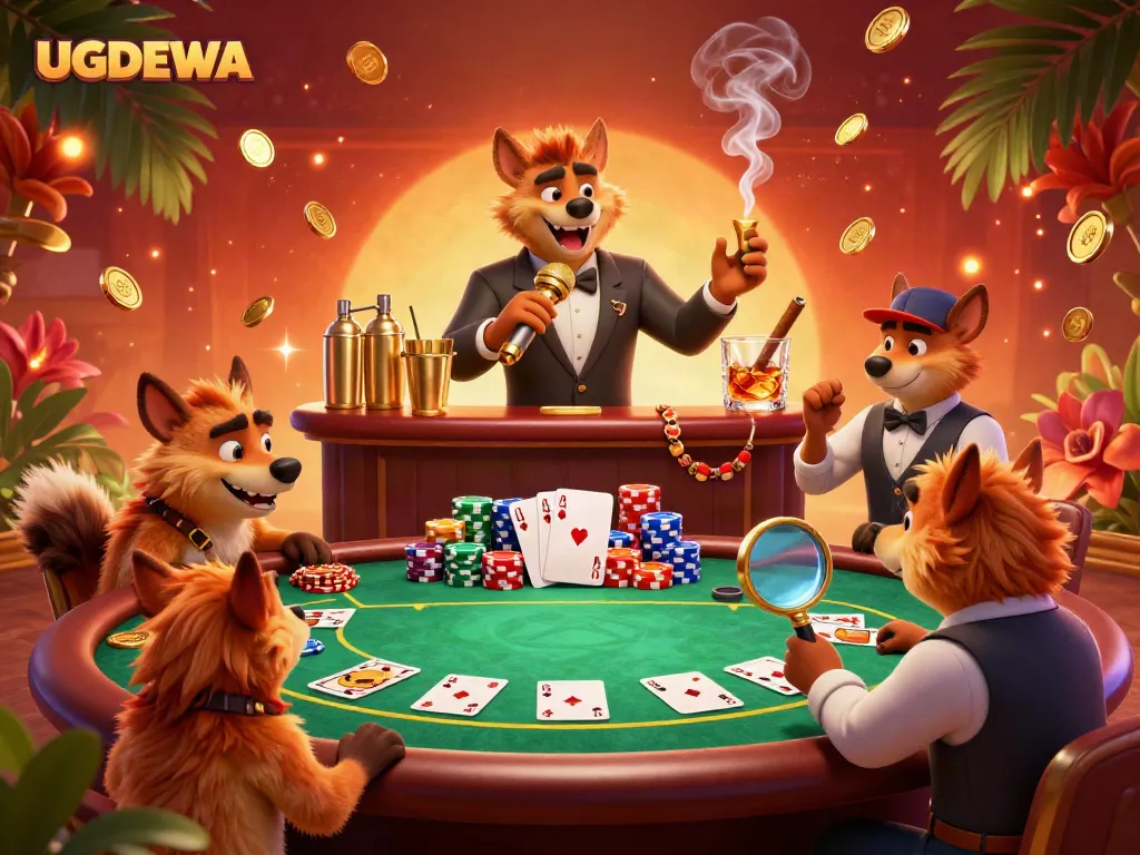 Experience the excitement of UGDEWA with hyenas entertaining at a lively casino club, filled with poker and drinks.