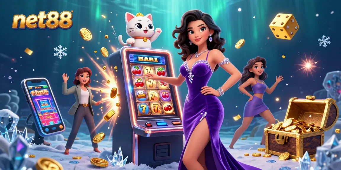 Win big at net88's slots with an enchanting 3D jackpot scene featuring a glamorous lady and a fortune cat.