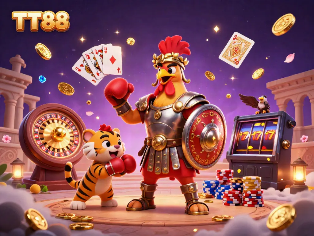 Experience the thrilling adventures of TT88 with our gladiator rooster in a dynamic casino scene featuring games and excitement.