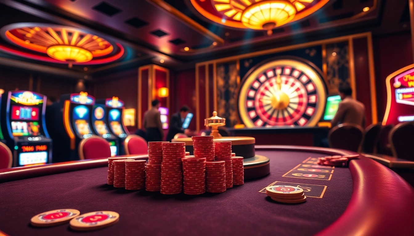 Exciting gambling scene with players at 78Win poker table and roulette wheel.