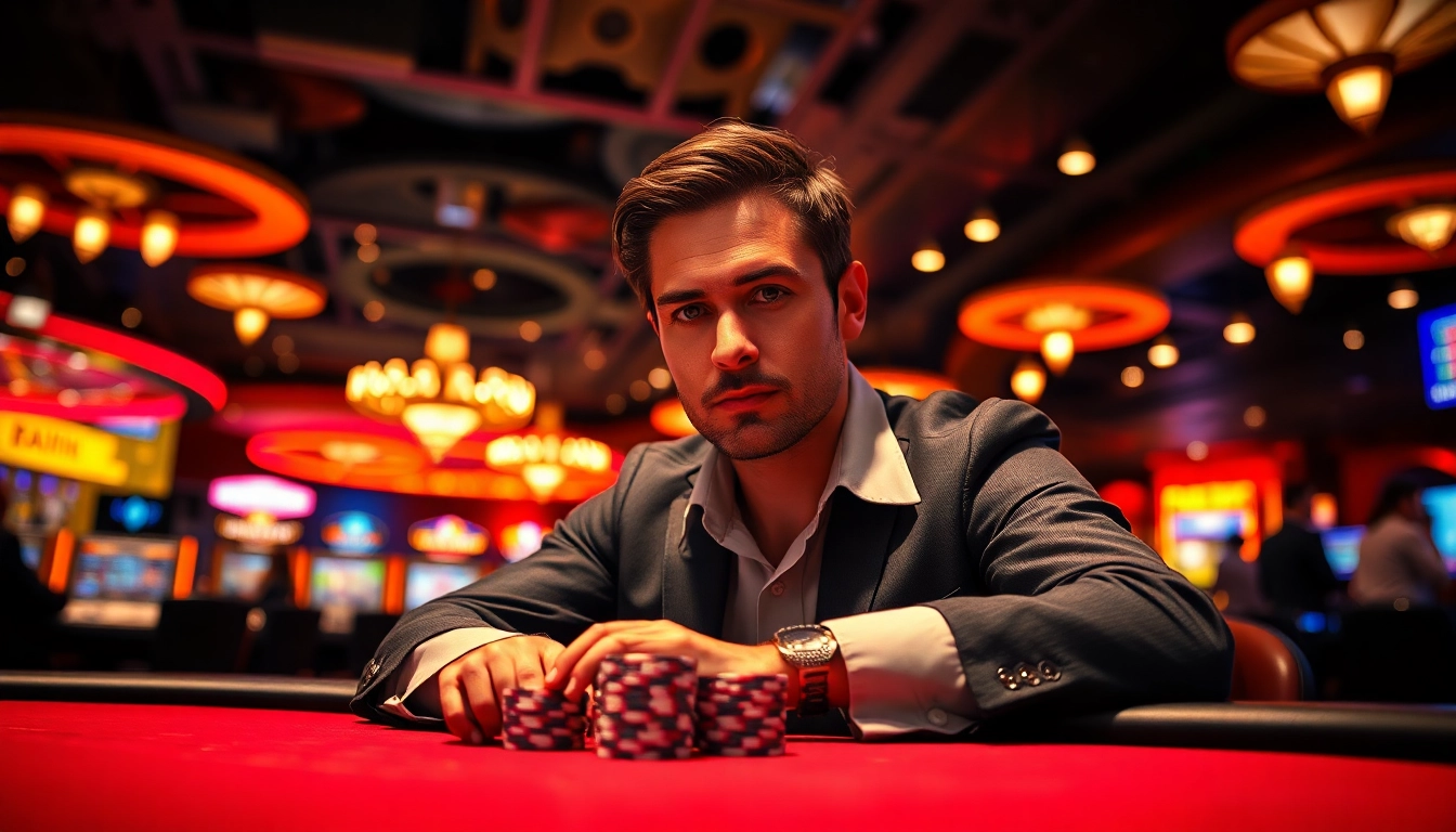 Permainan poker yang menegangkan di wortel21 dengan pemain fokus dan lampu kasino berwarna-warni.