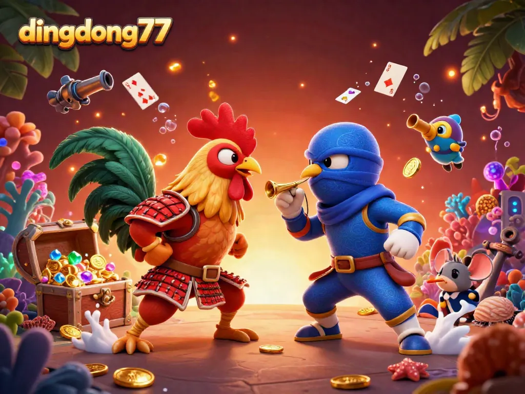 Engage with the thrilling battle of roosters at dingdong77, showcasing a vibrant 3D scene filled with casino elements.
