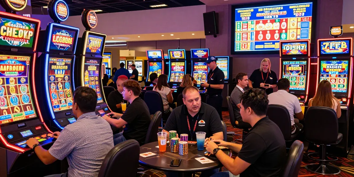 People engaged at vibrant slot machines, showcasing situs slot excitement in a lively casino environment.