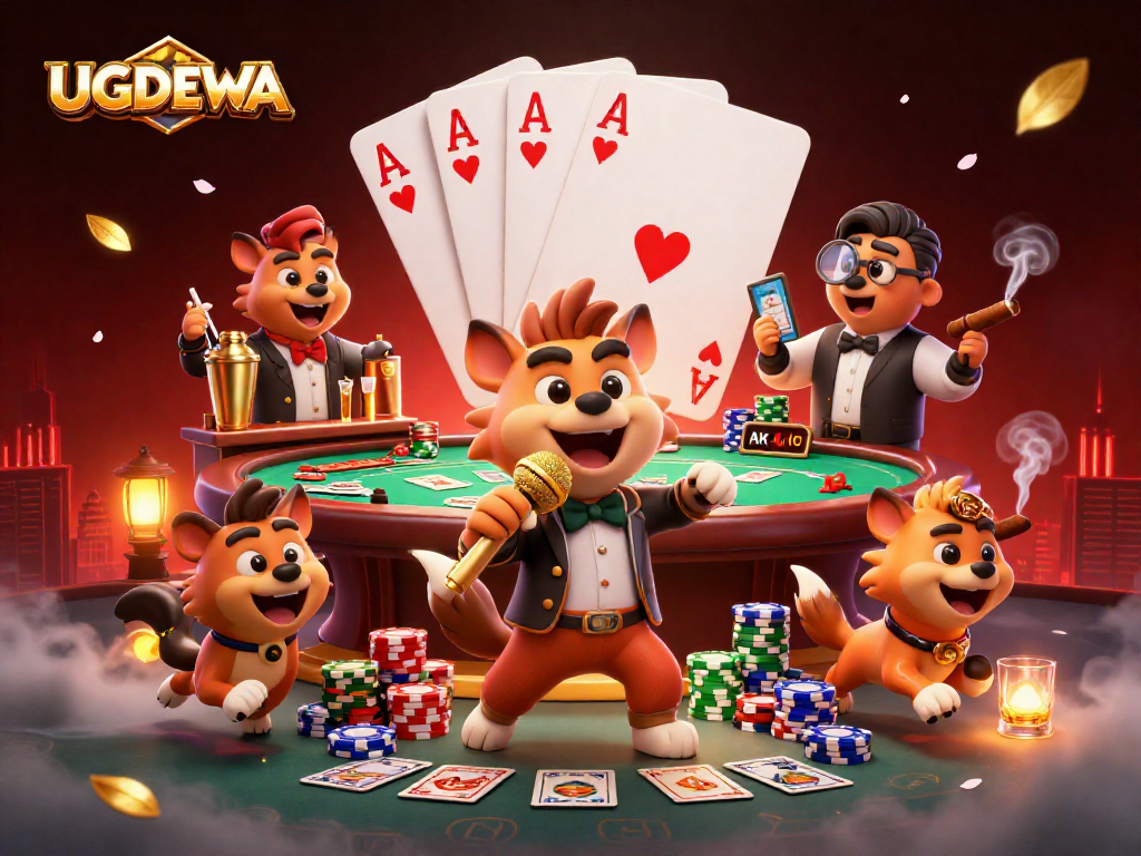 Join the fun at UGDEWA casino featuring entertaining hyenas in a vibrant gaming scene.
