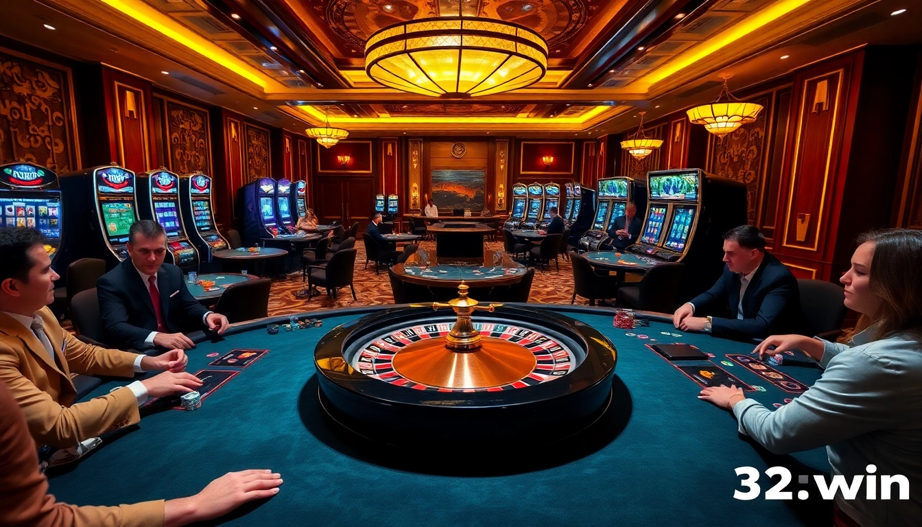 Experience the excitement of casino gaming at 32win.com with vibrant tables, chips, and a roulette wheel.