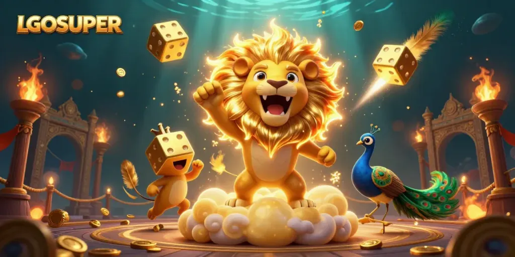 Experience the thrills of LGOSUPER with a vibrant, dynamic casino scene featuring game elements and characters.