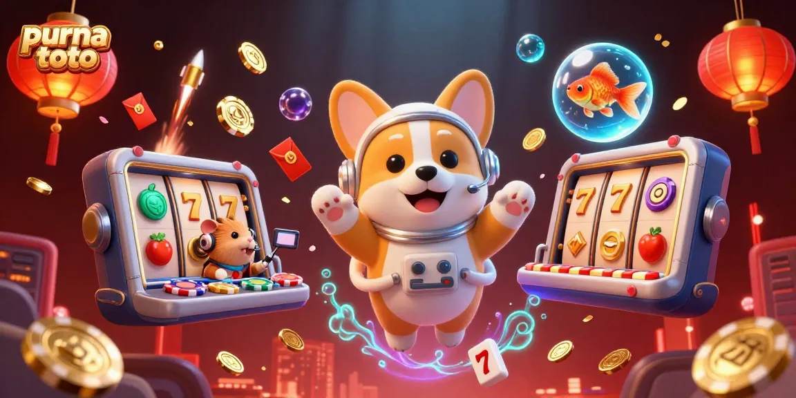 Purna toto memunculkan suasana kasino dengan karakter corgi astronaut berputar di luar angkasa dan simbol slot menggoda.