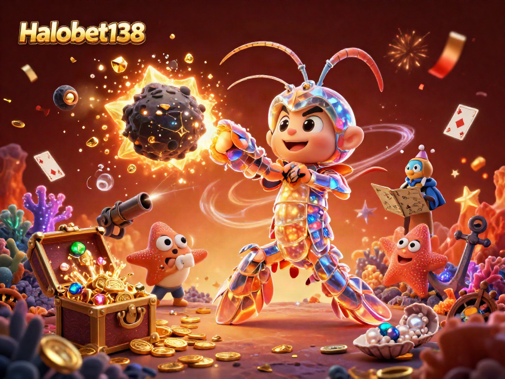 Halobet138 showcases a vibrant underwater scene featuring a mantis shrimp and starfish amidst exploding treasure chests.