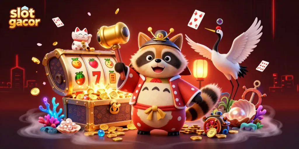 Experience slot gacor excitement with cheerful tanuki and samurai crane amidst vibrant casino elements.