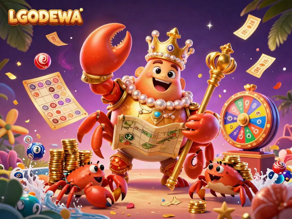 Experience the vibrant world of LGODEWA with a golden crab emperor amidst colorful lottery elements and dynamic casino effects.