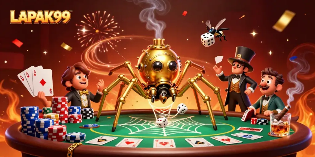 LAPAK99 showcases a steampunk theme with a spider catching dice amidst poker chips in a vibrant casino.