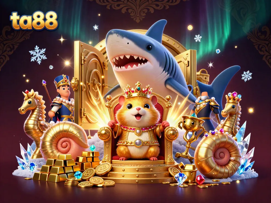 Experience immersive ta88 gaming with vibrant treasure-themed illustration featuring a hamster king and royal guards.