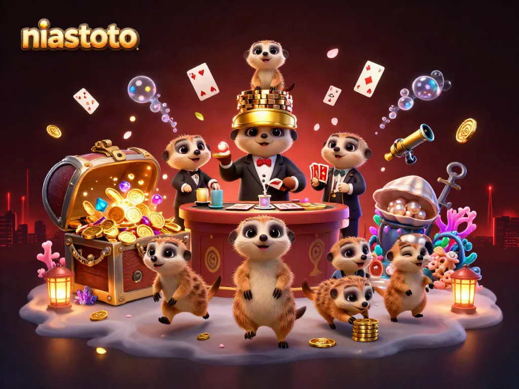 Engage with niastoto's colorful casino scene featuring playful meerkats and dynamic game elements.