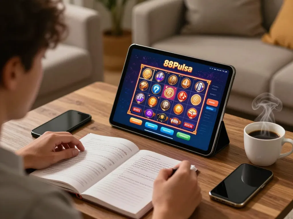 Engaging user playing 88Pulsa online casino on a tablet in a cozy home setting.