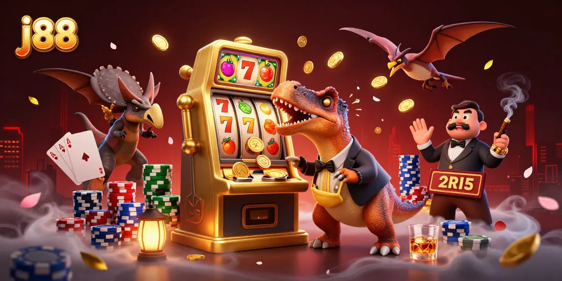 Engage in thrilling j88 gameplay as cartoon characters interact with a golden slot machine, showcasing casino excitement.