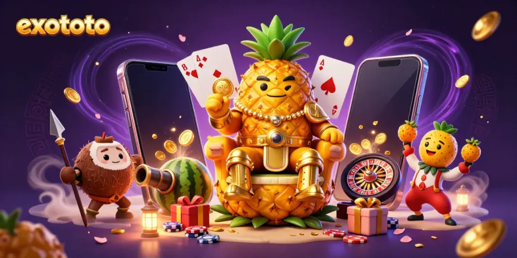 Eksplorasi eksitasi permainan di Exototo dengan ilustrasi kasino 3D yang menampilkan karakter ceria dan elemen slot yang menarik.