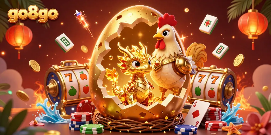 Engage with go8go's vibrant 3D scene showcasing gold dragon and poker chips in a casino environment.