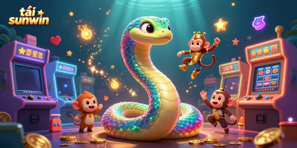 Engage with the exciting world of tải sunwin, featuring a vibrant scene of a rainbow serpent and a monkey king amidst gambling elements.