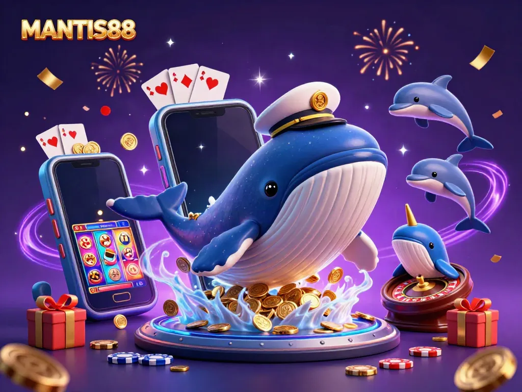 Engage with MANTIS88's thrilling casino scene featuring a playful whale and vibrant game elements.