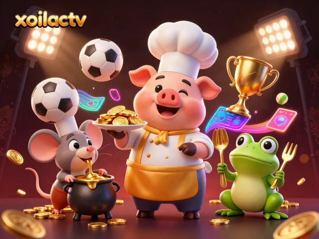 Experience dynamic gaming with xoilactv, featuring a culinary scene of gold coins and vibrant sports elements from the gambling world.