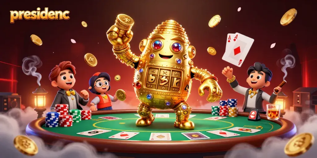 Engage in thrilling action at presidencc with golden golem and poker elements in a vibrant casino setting.