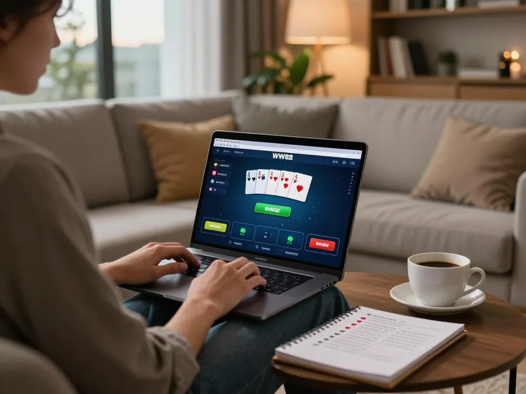 Engaged player using WW88 for online poker gaming in a stylish living room.