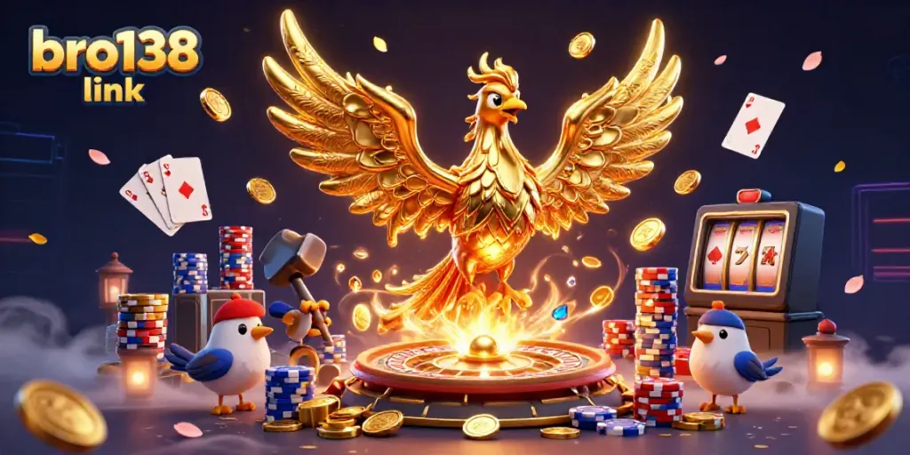 Experience the excitement of bro138 link with a vibrant casino-themed 3D illustration showcasing a phoenix and gaming elements.