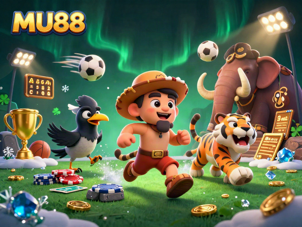 Engage in thrilling gaming at MU88 with a lively prehistoric casino scene featuring various sports elements.