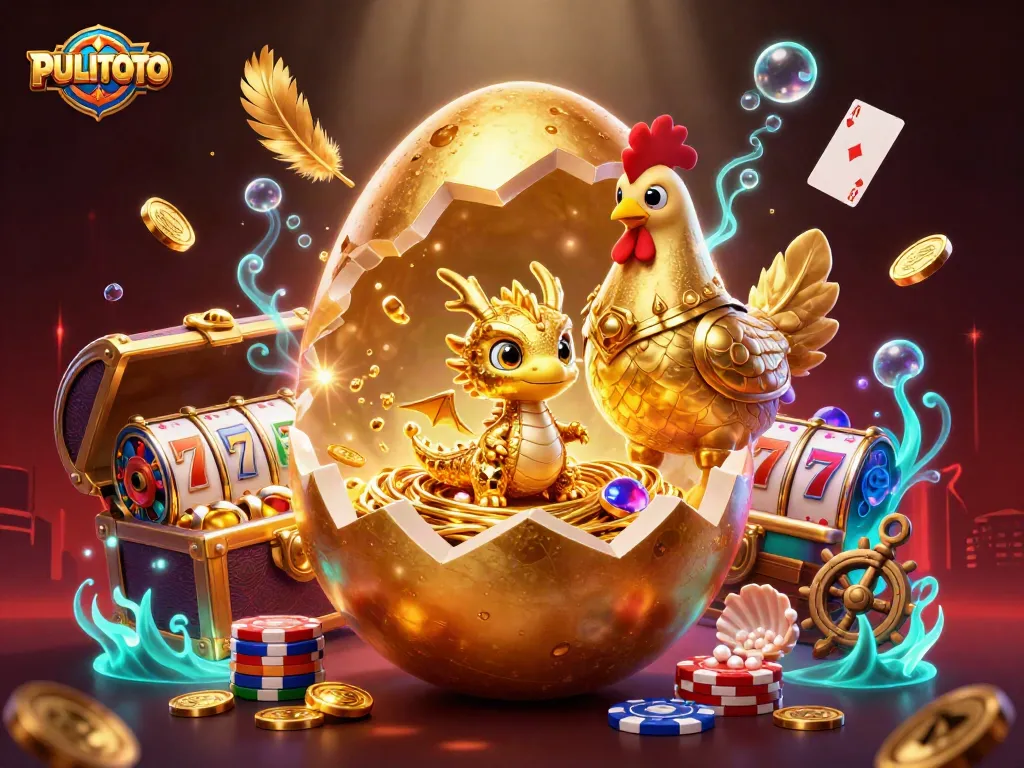 Experience thrills with PULITOTO's dynamic golden dragon guarding a poker chip nest amid swirling slot elements.