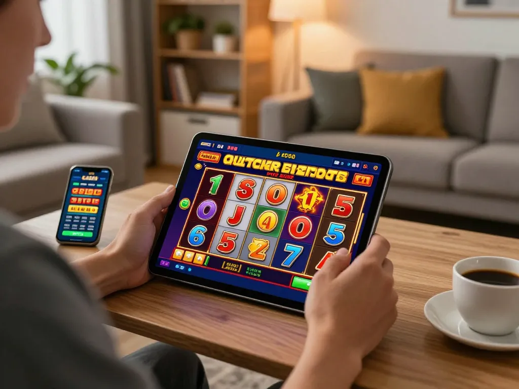 Player enjoying a slot game on a tablet, with bayitoto tips for jackpots displayed on the screen in a cozy home setting.