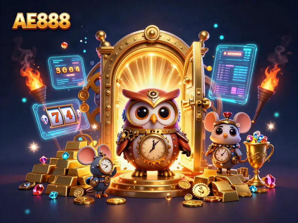 Experience AE888's thrilling online casino vibe with a time-traveling owl and treasures galore.