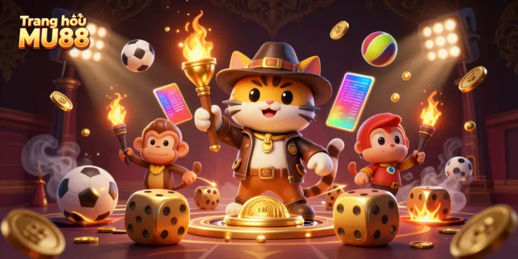 Engage with the exciting Trang chủ MU88 as the cat explorer discovers golden artifacts in a vibrant casino setting.
