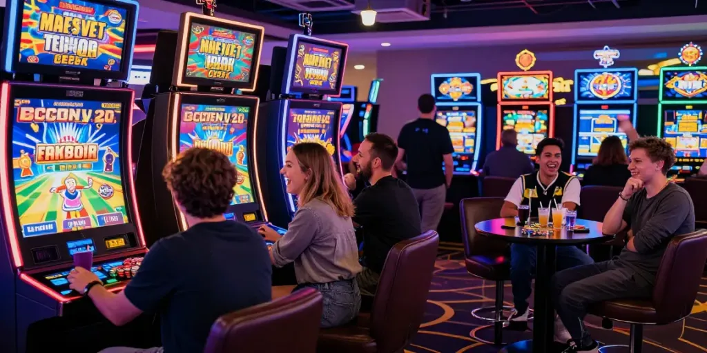 Exciting Seributoto gaming scene with players at vibrant slot machines in a lively casino atmosphere.