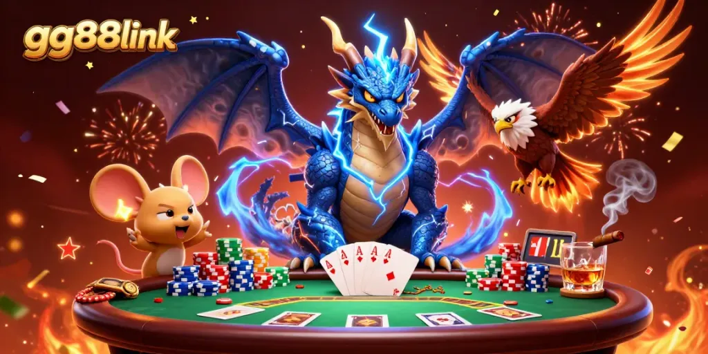 Engage in thrilling gameplay with gg88link at a vibrant casino scene featuring epic characters.