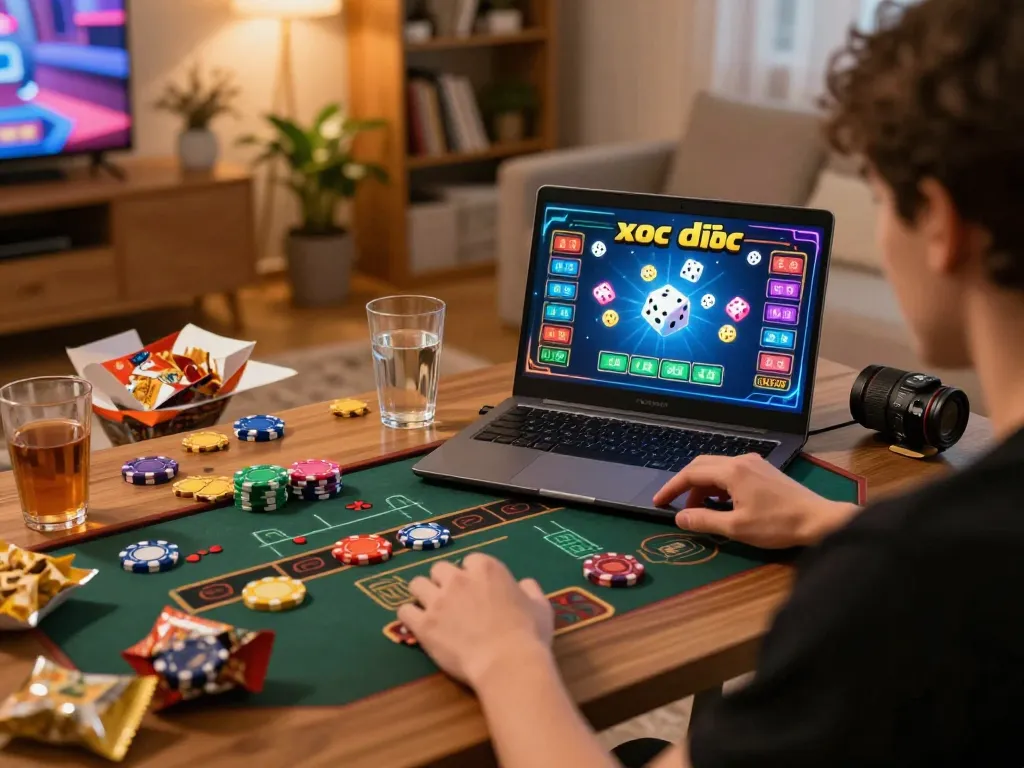 Xóc đĩa gameplay on a laptop screen with chips and dice, showcasing online gaming excitement.