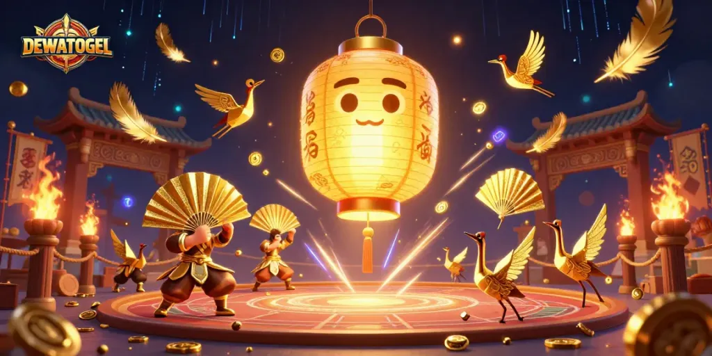 Experience exciting gameplay with DEWATOGEL's illuminated lantern spirit amidst vibrant casino elements.