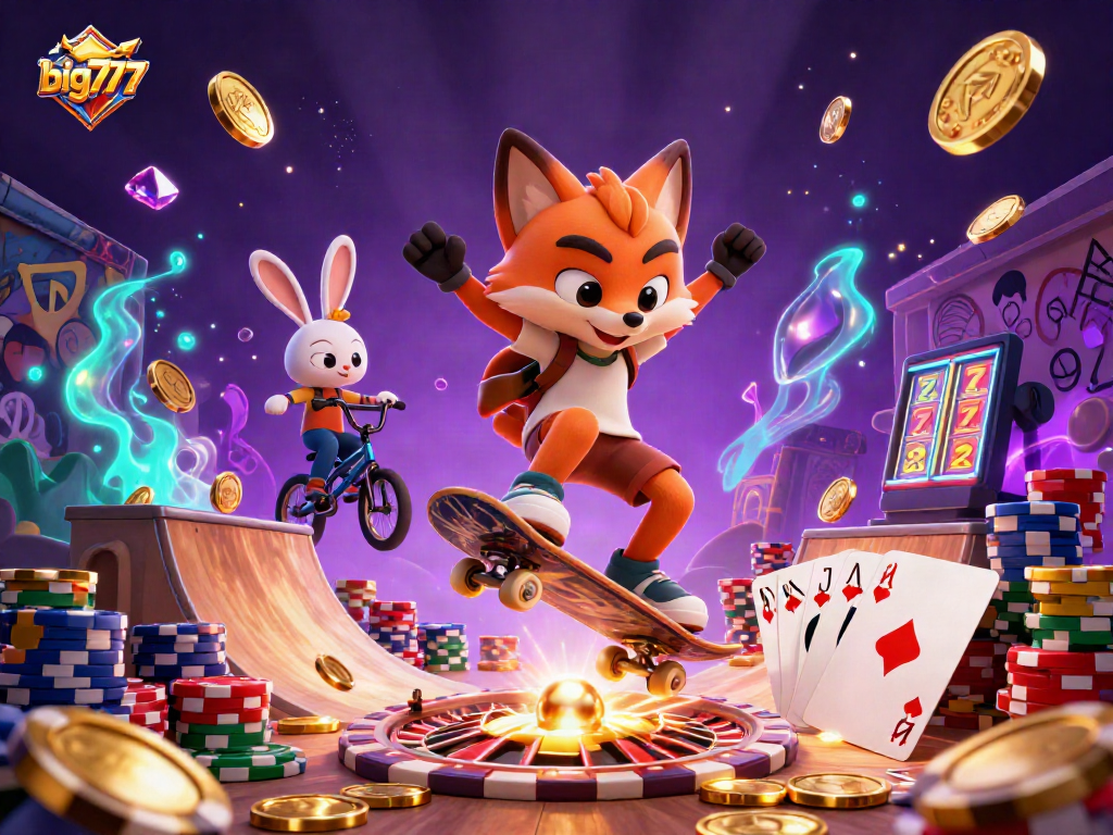 Big777 bermain slot dengan gumpalan koin emas dan simbol kasino di udara