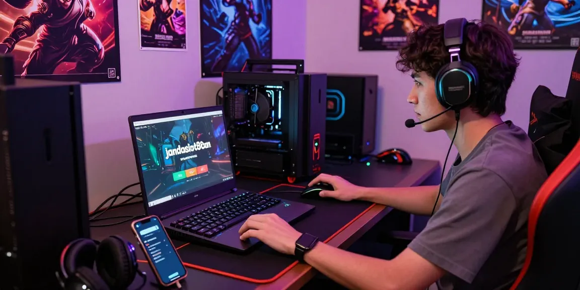 Pengguna jandaslot88.com bermain di laptop dengan aksesori gaming lengkap dan suasana menarik.