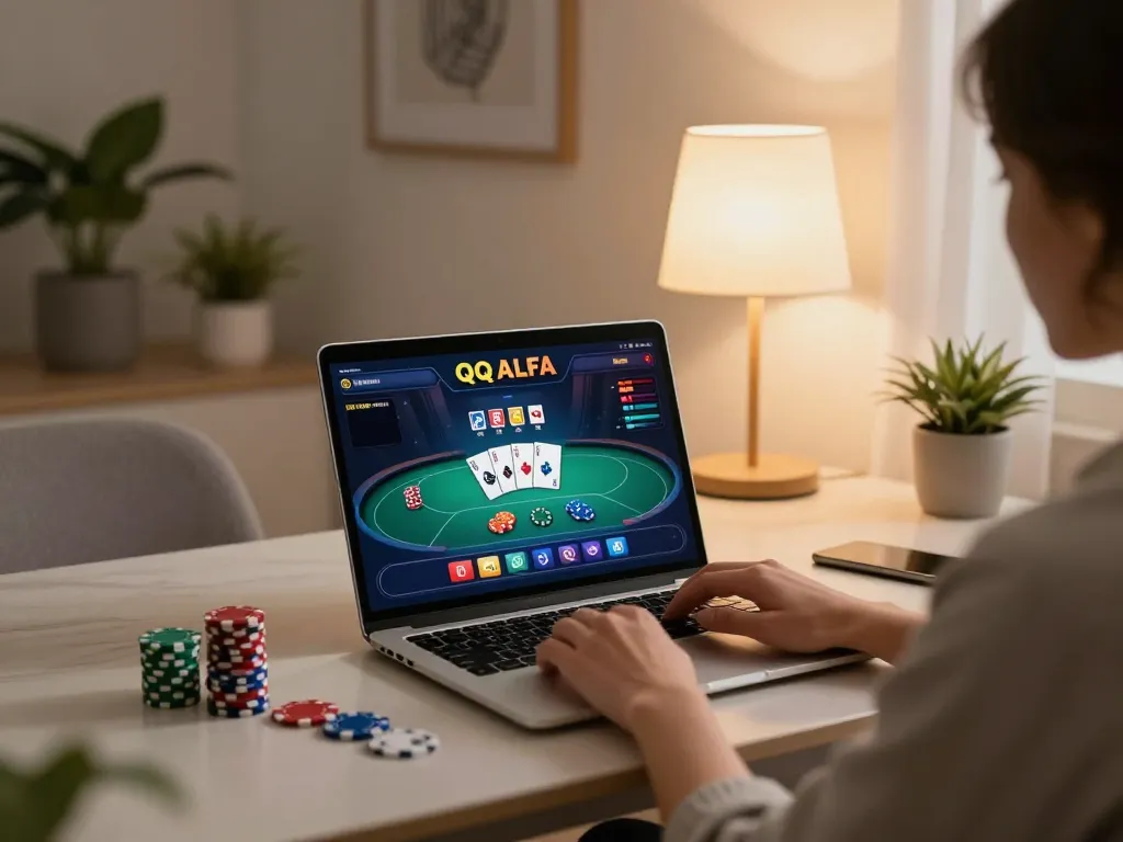 Engaged player using QQ ALFA for online poker game at home with strategic gameplay focus.